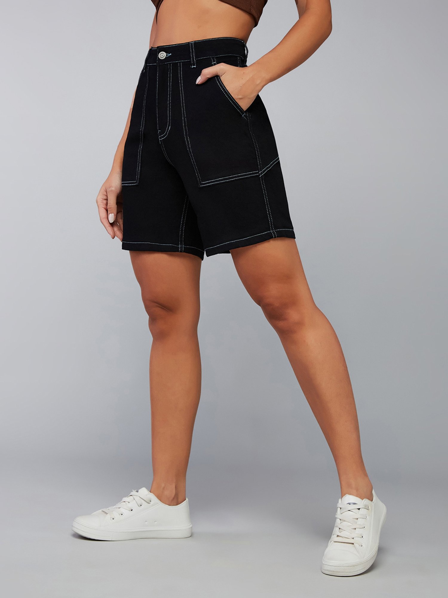DOLCE CRUDO Black Denim Regular Fit High Rise Shorts