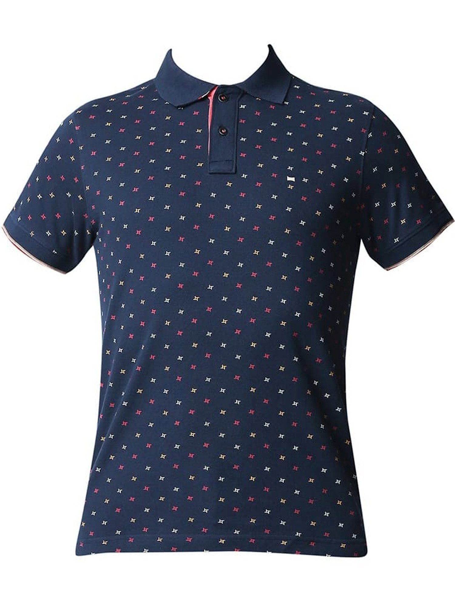 Basics Pageant Blue Cotton Muscle Fit Printed Polo T-Shirt