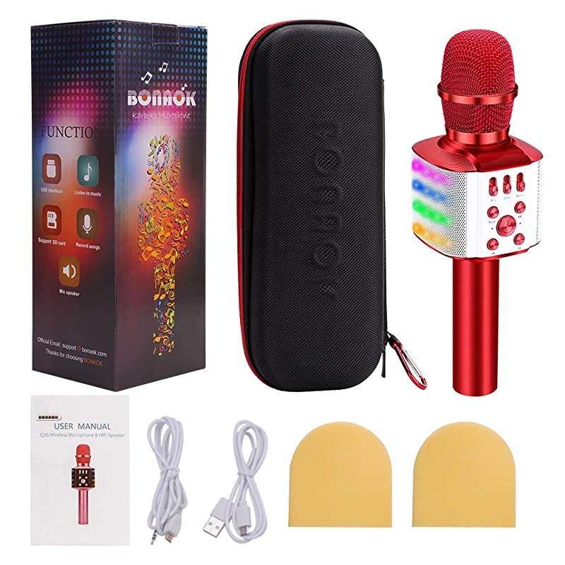 Wireless Bluetooth Karaoke Microphone with controllable LED Lights 4 in 1 Portable Karaoke Machine Speaker for AndroidiPhonePC Red