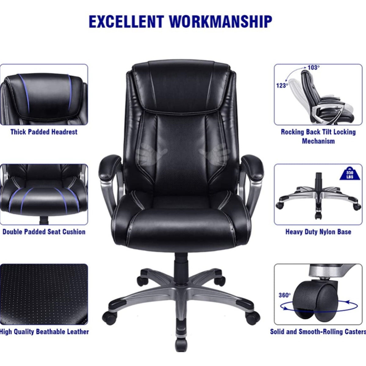 360&deg; Swivel Executive Office Chair High Back Leather Executive Computer