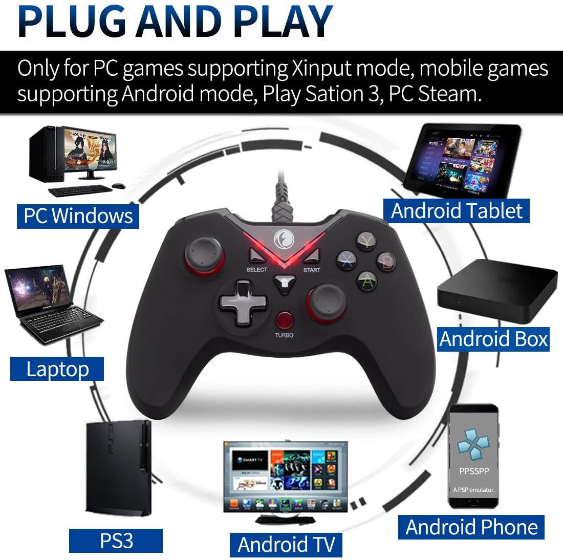 IFYOO-V108-Red V-one Wired USB Gaming Controller Gamepad Joystick for PC (Windows XP/7/8/10) & Steam & Android & PS3 - [Red]