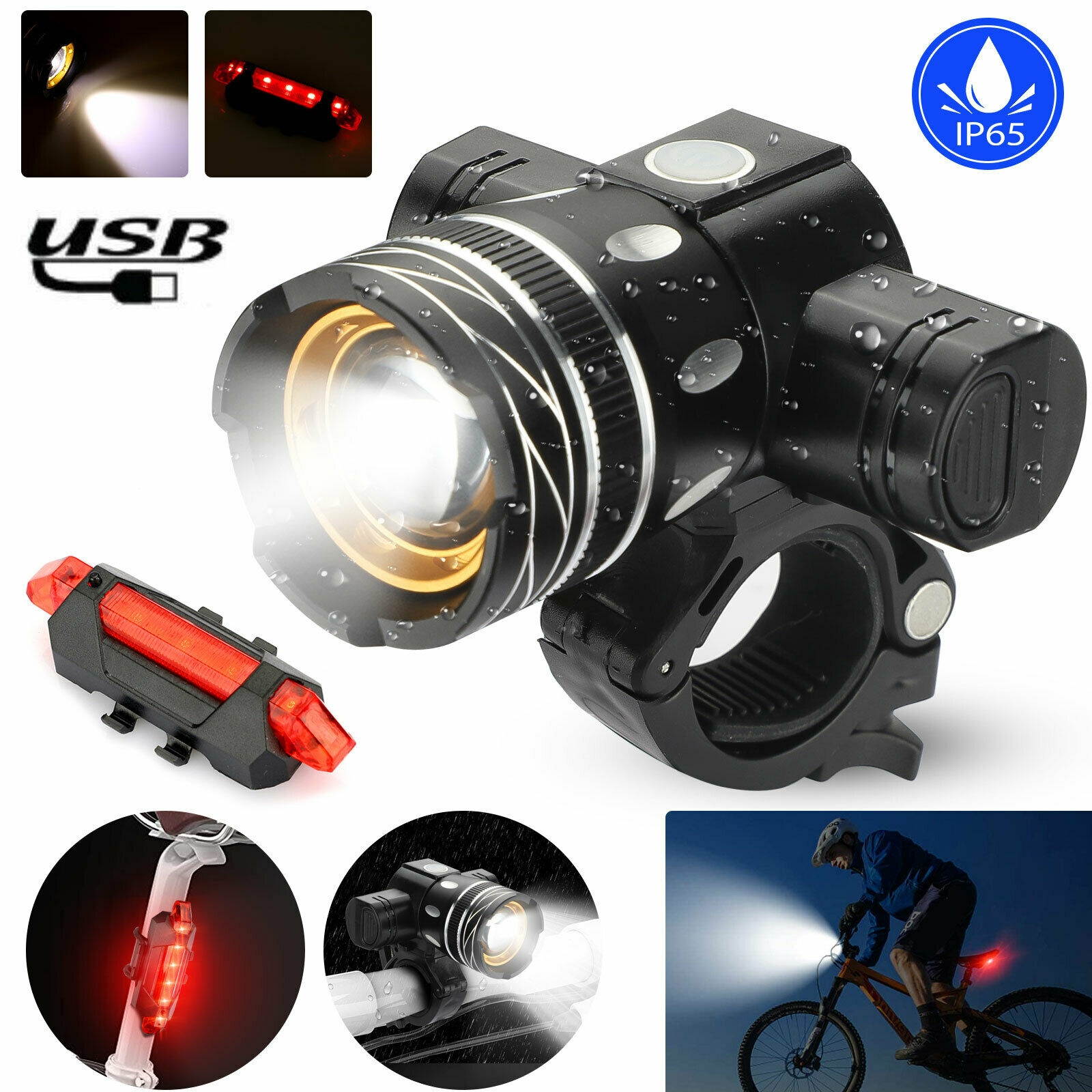 USB Rechargeable LED Bicycle Headlight Bike Head Light Front Rear Lamp Cycling