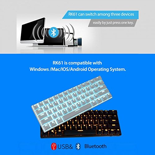 Royal Kludge RK61 Mechanical Bluetooth 3.0 Wired/Wireless 61 Keys Multi-Device RGB Backlit Gaming/Office Keyboard for iOS, Android, Windows and Mac with Rechargeable Battery, Blue Switch - White