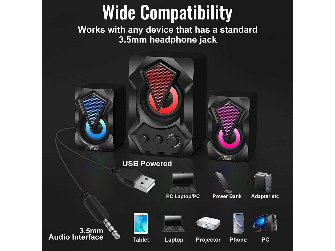 Computer Speaker with Subwoofer, NJSJ USB-Powered 2.1 Stereo Multimedia Speakers System with RGB LED Light 3.5mm Audio Input Great for Music,Movies,Gaming,PC,Laptop,Tablet