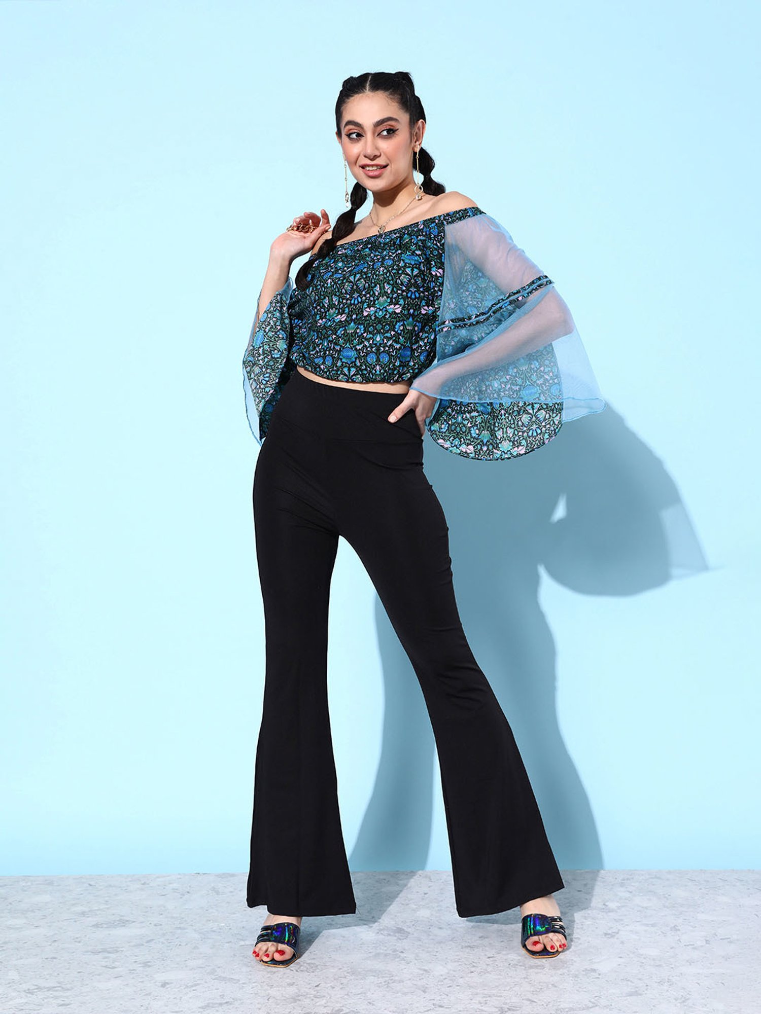 QUIERO Dark Blue Printed Crop Top