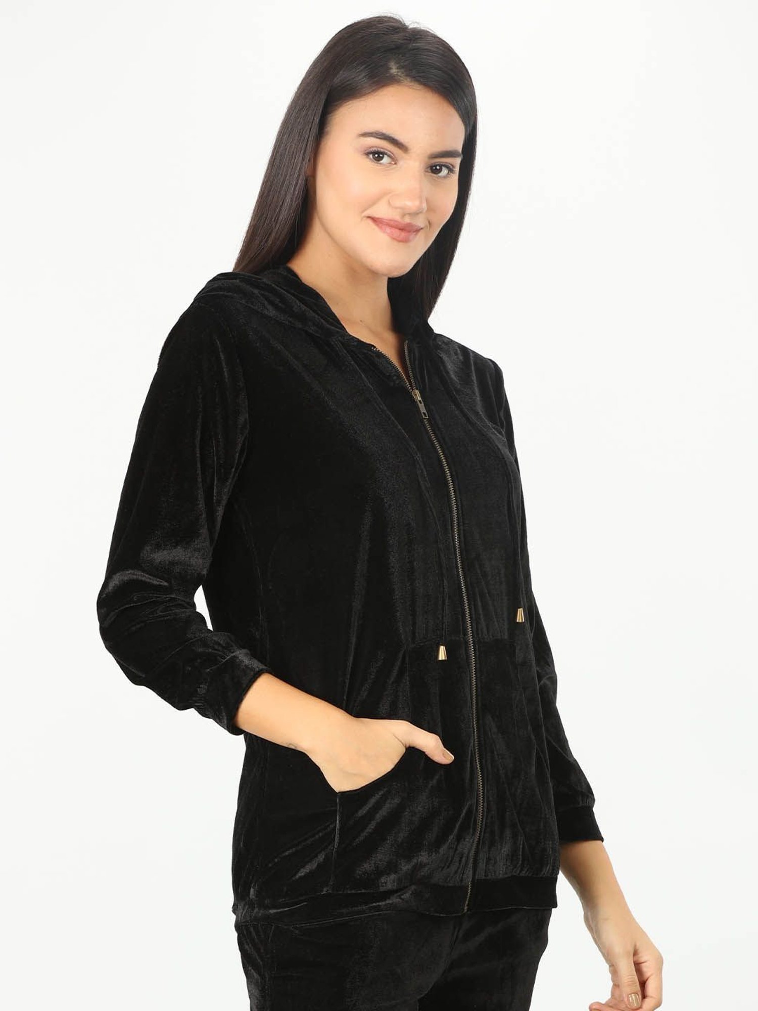 Mustard Black Velvet Regular Fit Hoodie