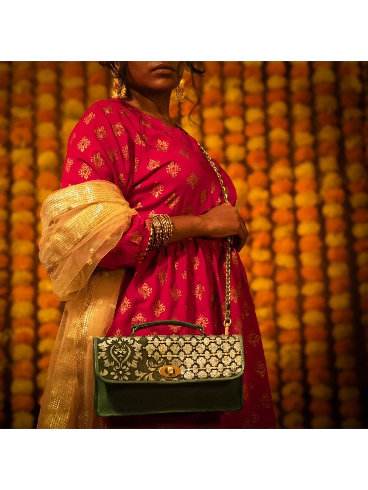 Art N Vintage Luminosa Olive Leather Embellished Small Sling Handbag