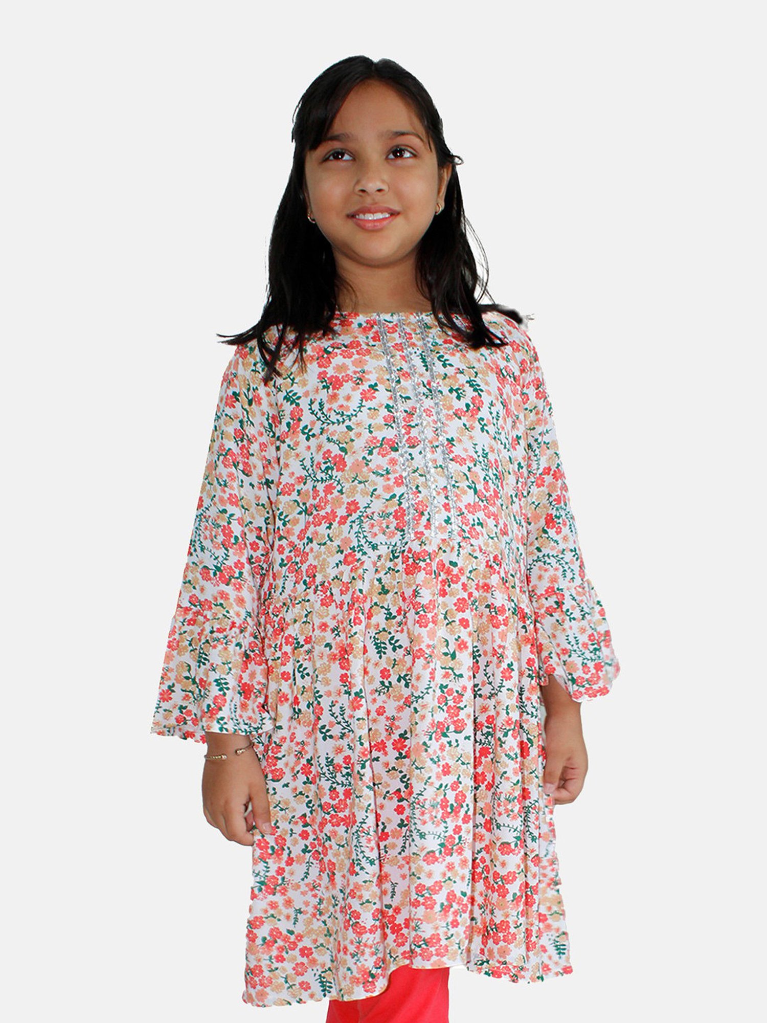 Kiddopanti Kids White & Orange Floral Print Full Sleeves Kurta