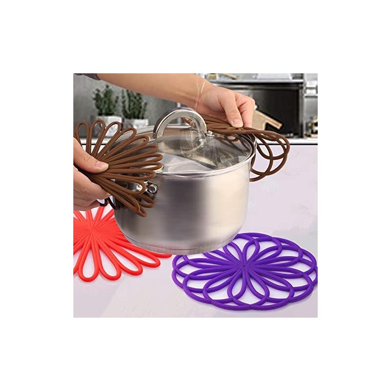 3 Set Silicone Multi-Use Flower Trivet Mat - Premium Quality Insulated Flexible Durable Non Slip Coasters Hot Pads Deep Purple
