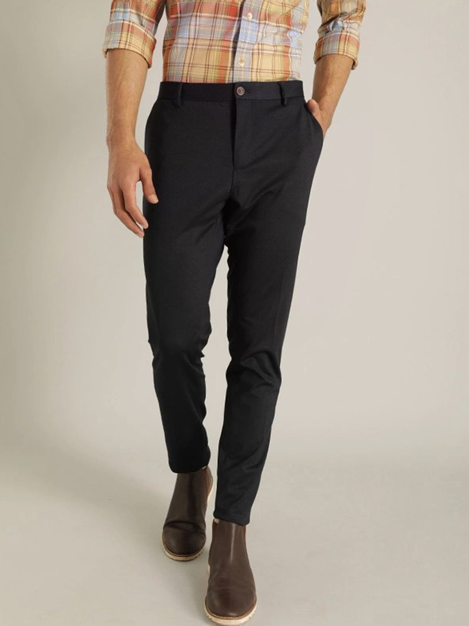 Indian Terrain Navy Tapered Fit Checks Trousers