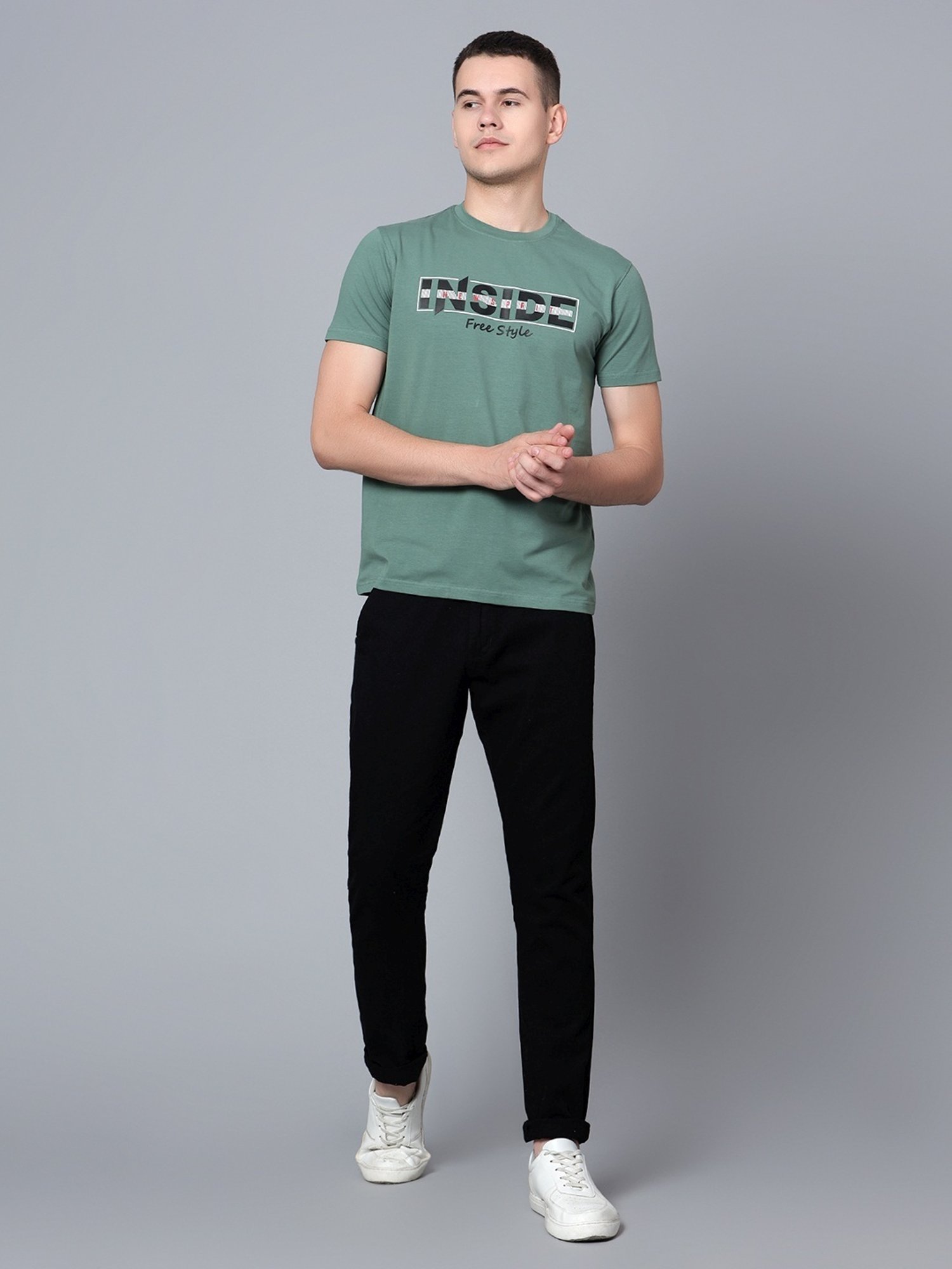 Cantabil Light Green Cotton Regular Fit Printed T-Shirt