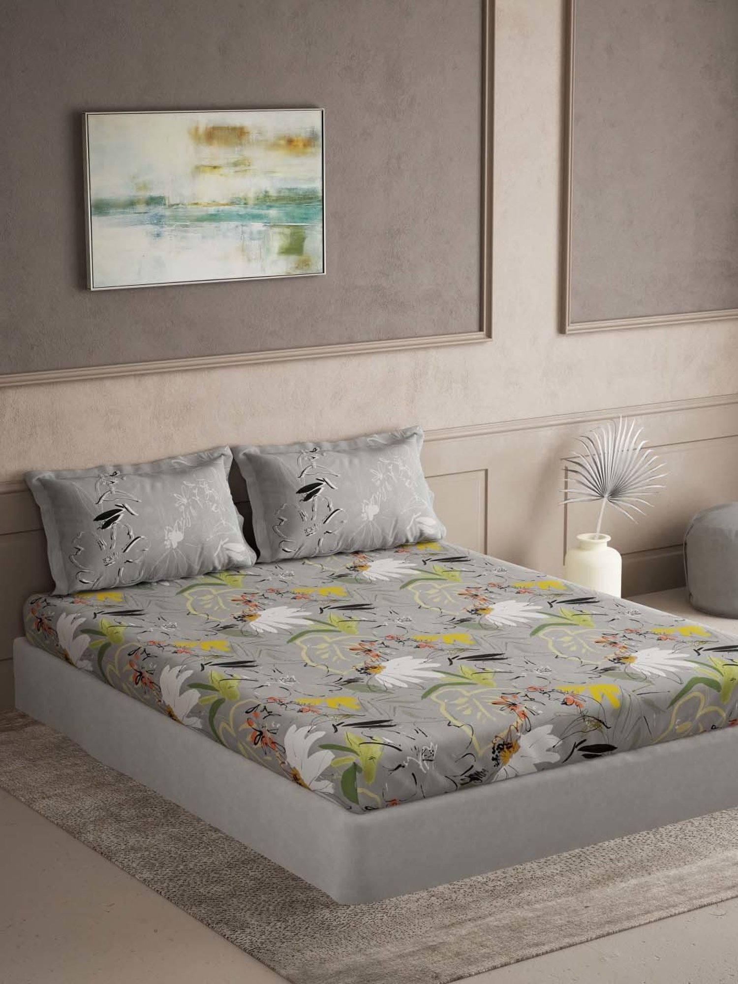 Ddecor Live beautiful The Elemental Grey 144 TC Cotton Queen Bedsheet with 2 Pillow Covers