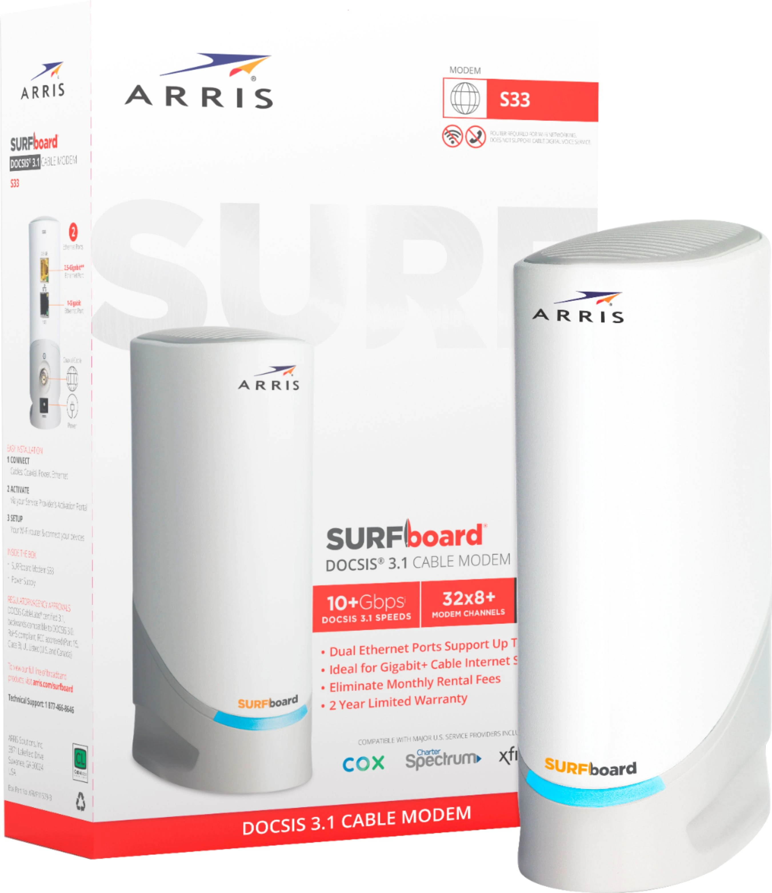 ARRIS - SURFboard S33 32 x 8 DOCSIS 3.1 Multi-Gig Cable Modem with 2.5 Gbps Ethernet Port