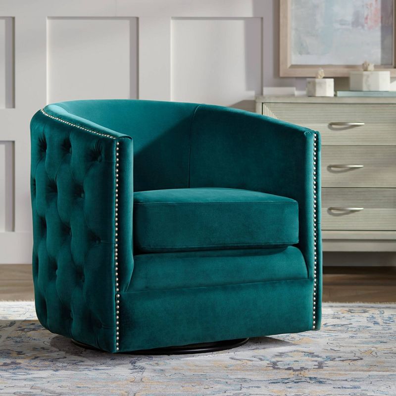 55 Downing Street Bridgerton Teal Green Velvet Tufted Swivel Accent Chair