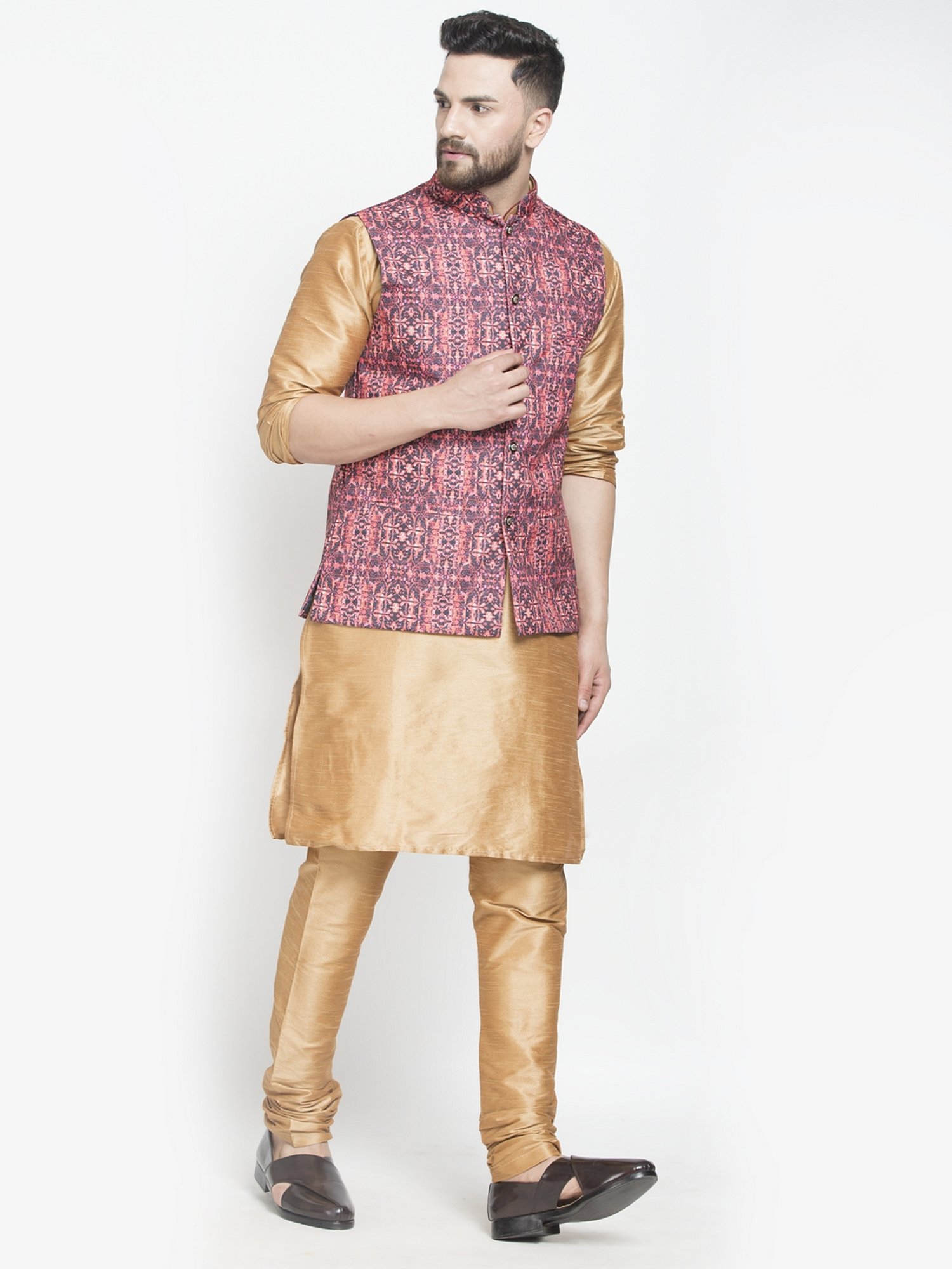 Benstoke Copper & Coral Red Regular Fit Printed Kurta Set With Jacket