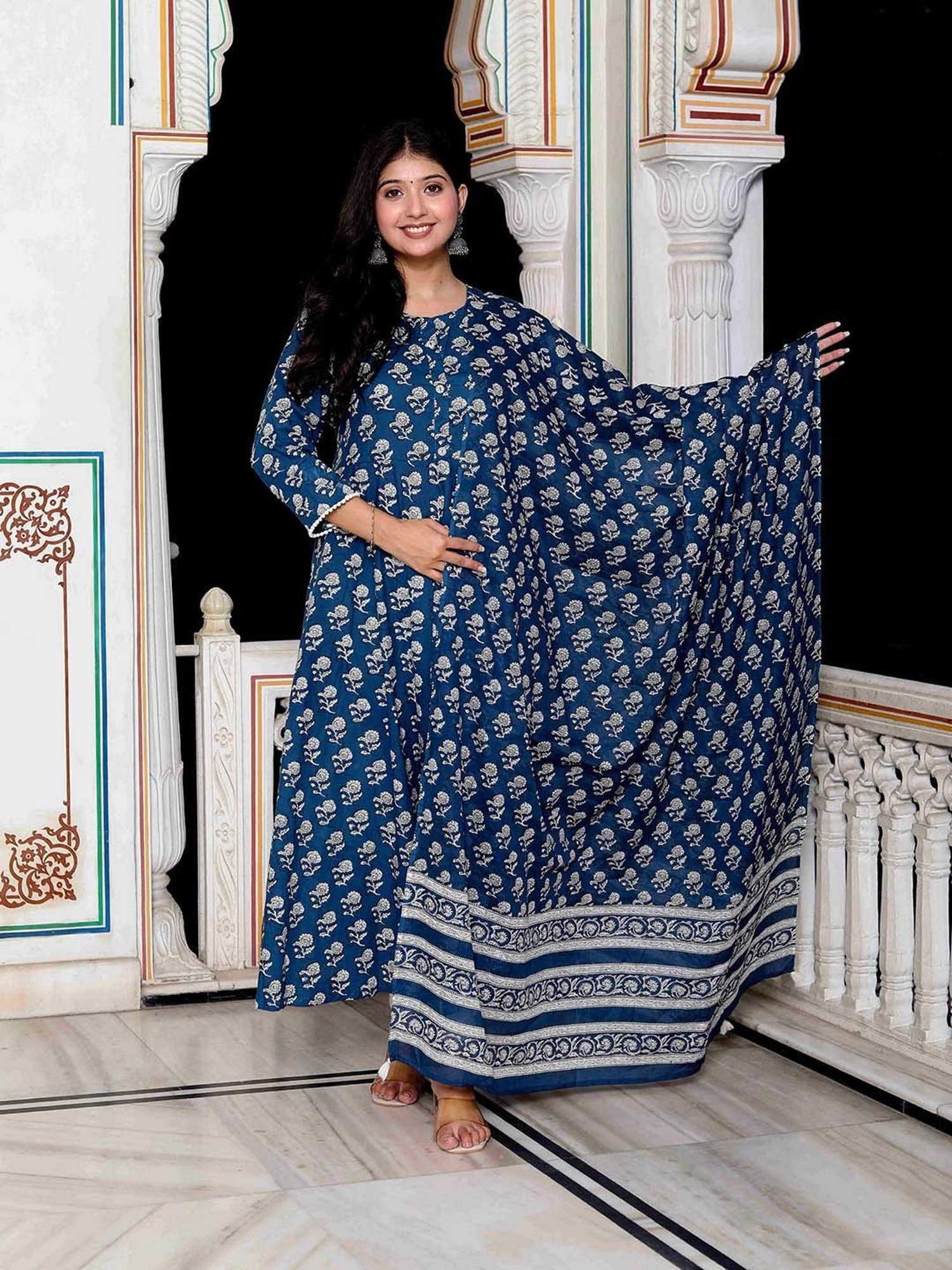 Miravan Blue Floral Print Anarkali Kurta With Dupatta