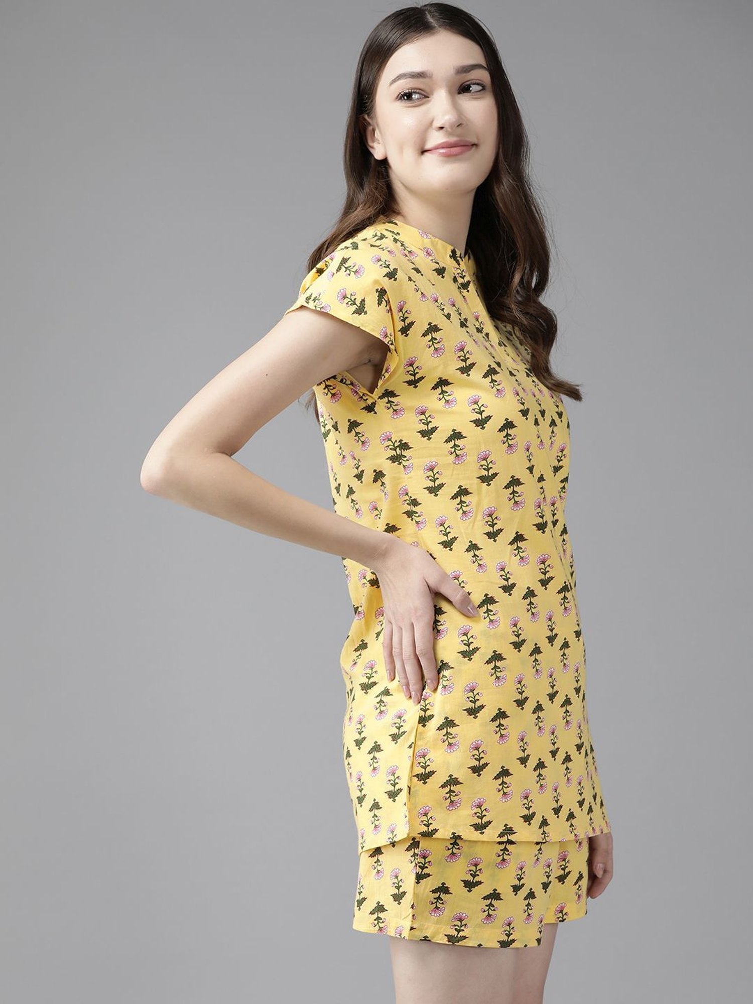 Prakrti Yellow Cotton Printed Top Shorts Set