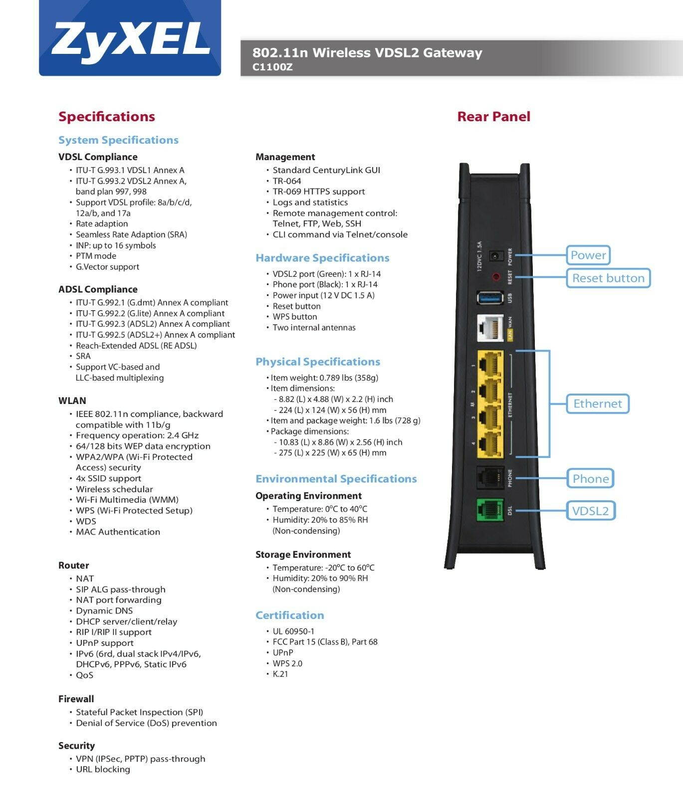 Centurylink Zyxel C1100Z 802.11n VDSL2 Wireless Modem Router, New Cables UPDATED