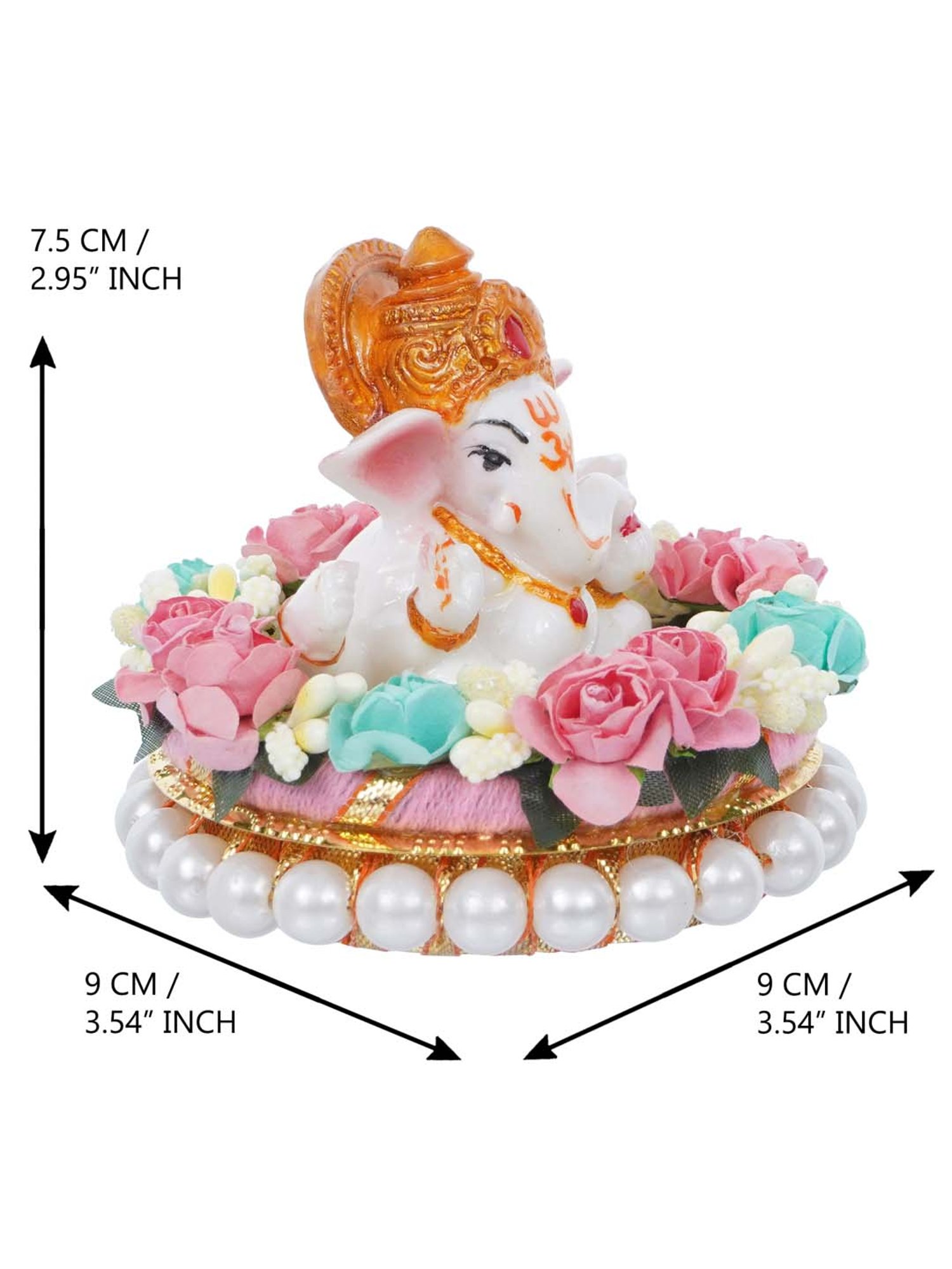 eCraftIndia Lord Ganesha Idol on Decorative Handcrafted Plate with Colorful Flowers