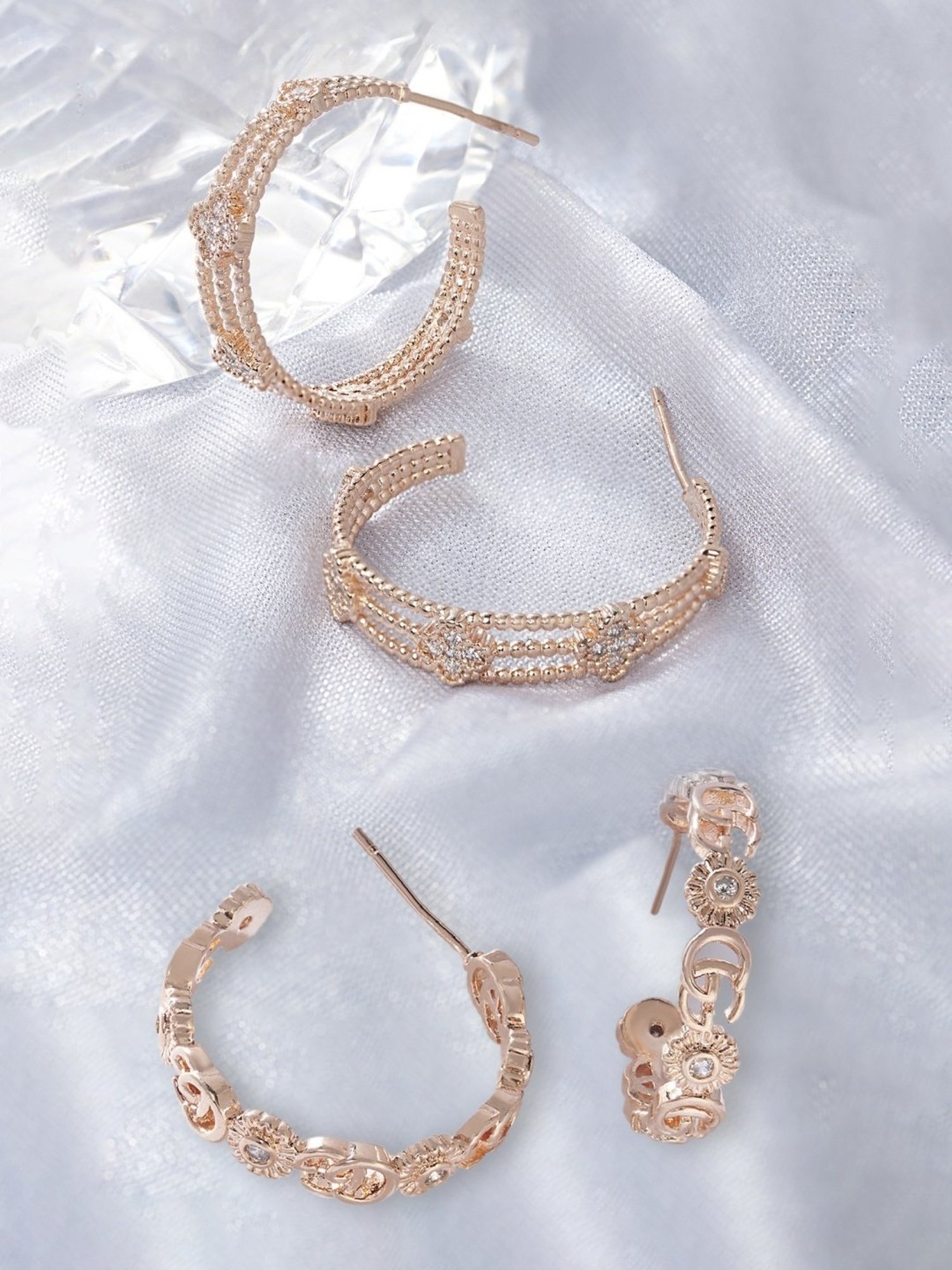 Zaveri Pearls Set of 2 Rose Gold Cubic Zirconia Contemporary Semi Hoop Earrings - ZPFK13362