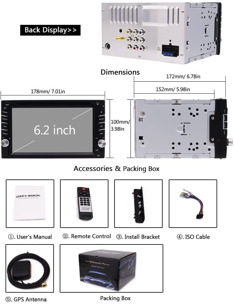 6.2" Touch Screen Car Stereo Double Din Car DVD Player GPS Navigation 2 Din in Dash Bluetooth FM/AM RDS Radio Receiver 1080P Video CD/TF/USB/AUX-in/Subwoofer/SWC+Remote Control-Free Rear View Camera