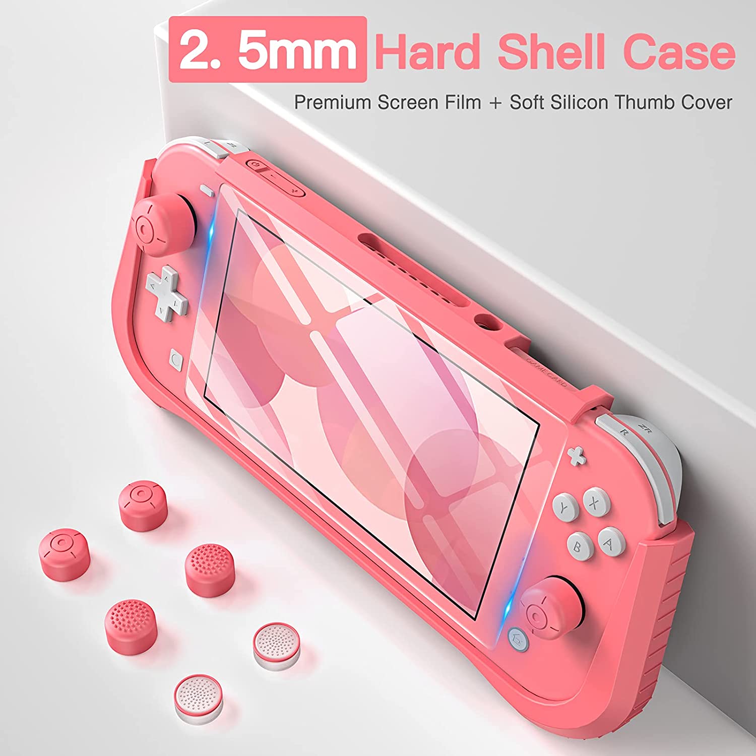 HEYSTOP Case Compatible with Nintendo Switch Lite, with Tempered Glass Screen Protector and 6 Thumb Grip, TPU Protective Cover for Switch Lite with Anti-Scratch/Anti-Dust (Pink)