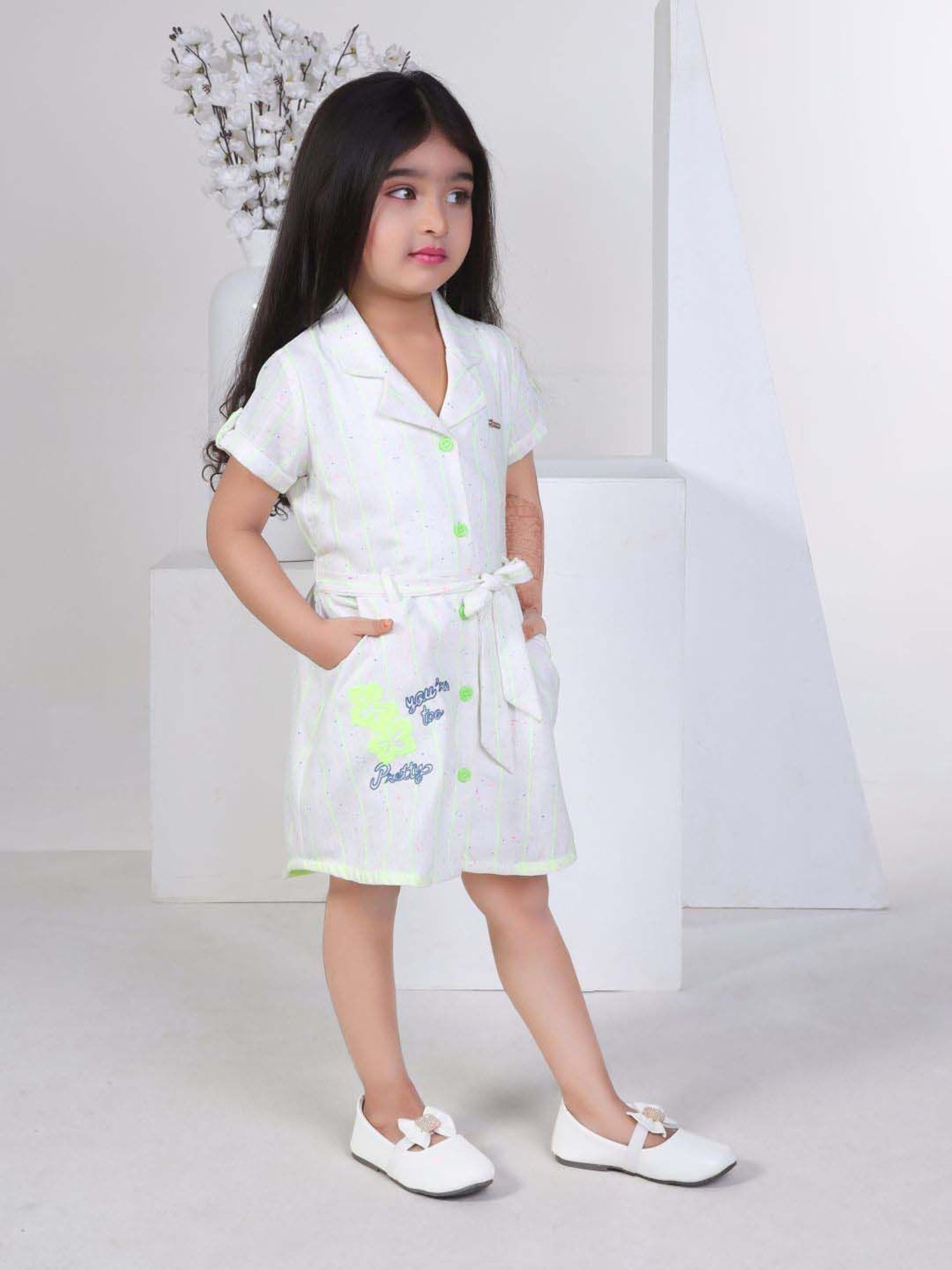 Peppermint Girls Green Cotton Striped Dress