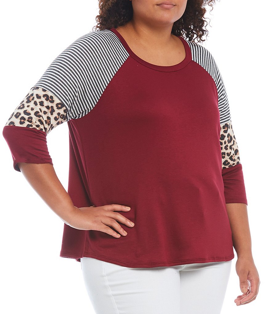 Moa Moa Plus Size Colorblock Round Neck Printed Raglan 3/4 Sleeve Top