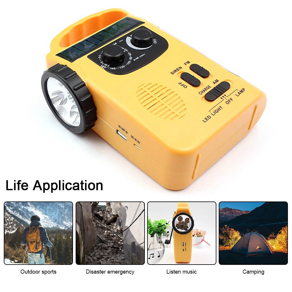 Multiple Use Solar Powered Hand Radio 5LED Flashlight 8LED Reading Light USB Charging Emergency Charger Emergency Alarm