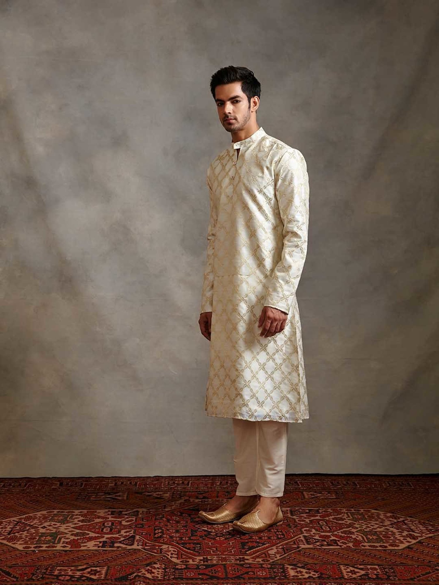 Abhishti Cream Regular Fit Banarasi Kurta & Straight Pants