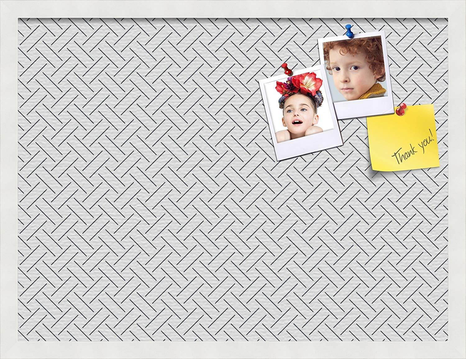 PinPix custom printed pin cork bulletin board made from canvas, Lattice White Navy 24x18 Inches (Completed Size) and framed in Satin White Frame (PinPix-Group-91)