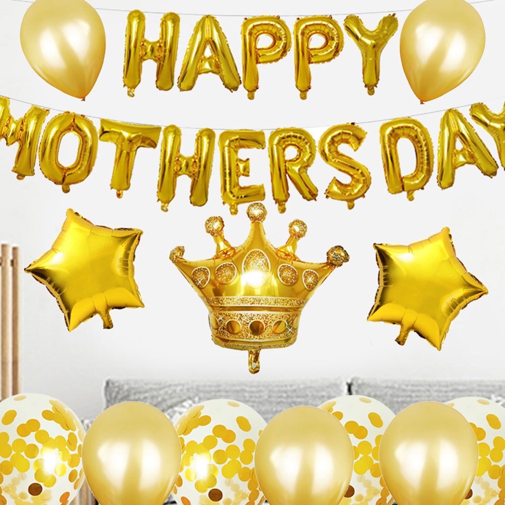 1 Set Golden Printing Aluminum Foil Balloons Confetti Balloons Set Latex Mothers Day Party Layout Crown Star Balloons Decorations Party Supplies