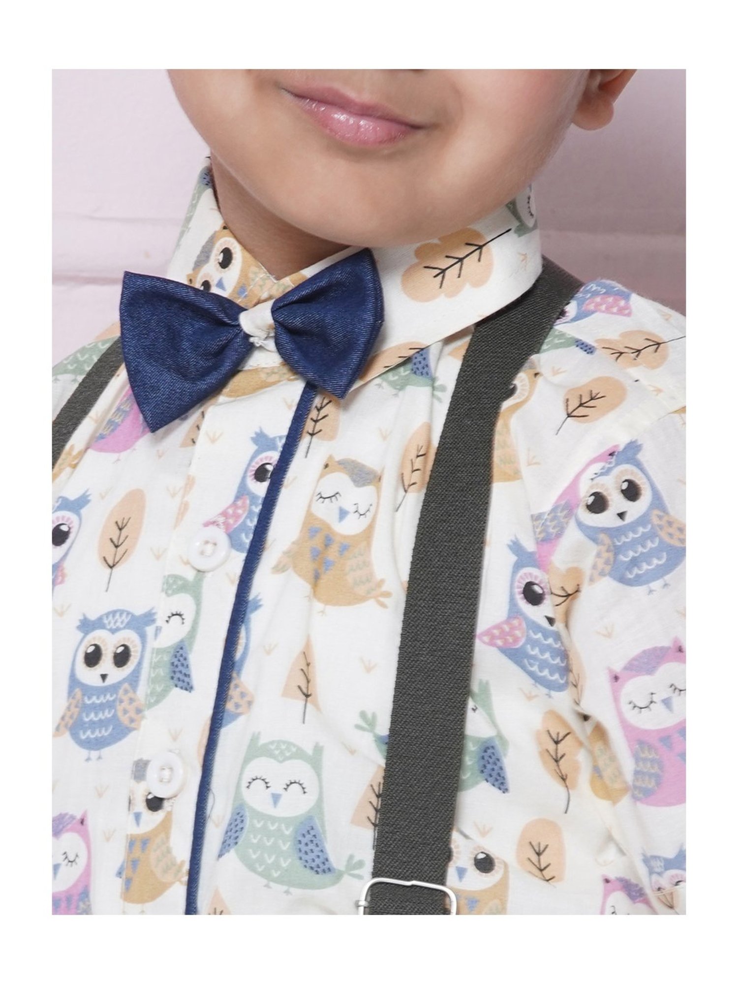 AJ Dezines Kids Blue & White Printed Shirt, Shorts, Suspender, Bow with Cap