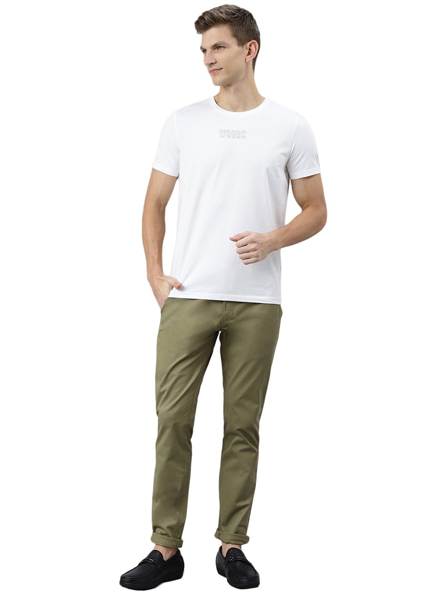 Woods Olive Regular Fit Flat Front Trousers