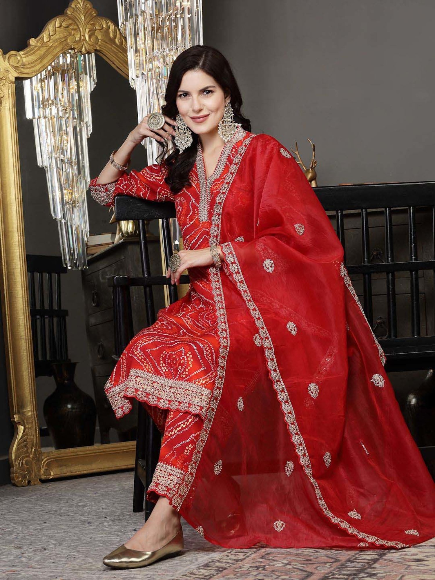 Stylum Red Printed Kurta Pant Set With Dupatta