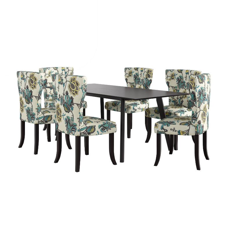 7pc Wray Rectangular Butterfly Leaf Wood Espresso Extendable Dining Table and Chairs Floral Print - Handy Living