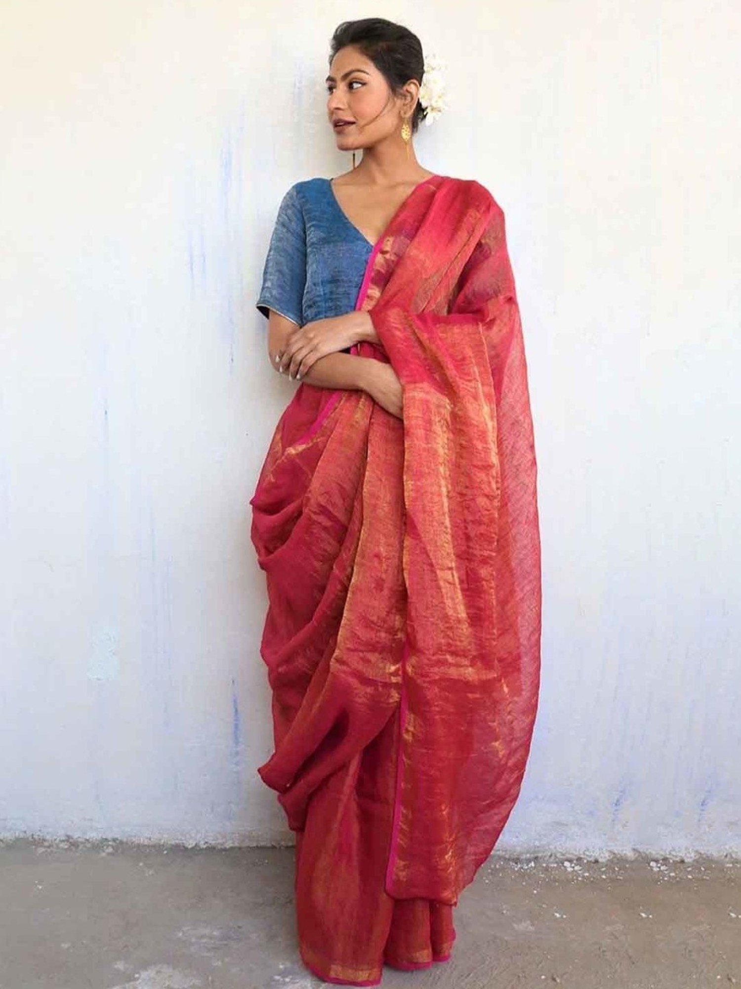 Chidiyaa Rani Pink Handwoven Linen Zari Saree