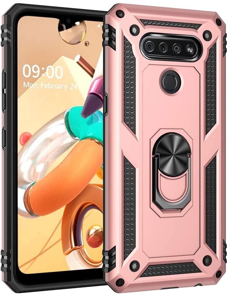 REDShield Rubberized Hybrid Protective CASE W/Shock Absorption & Built-in ROTATABLE Ring Stand for LG K51 - Rose Gold