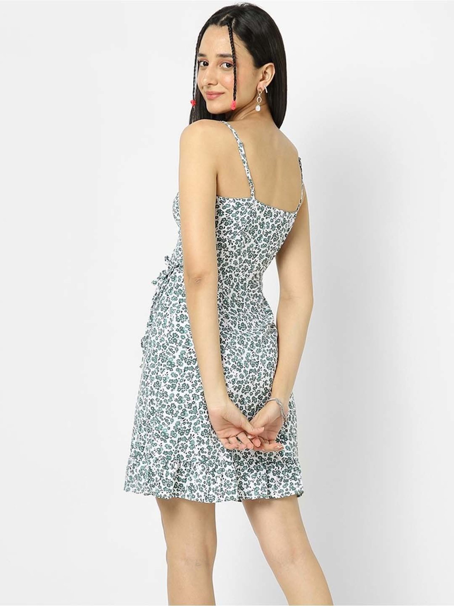 VASTRADO Green Floral Print A-Line Wrap Dress