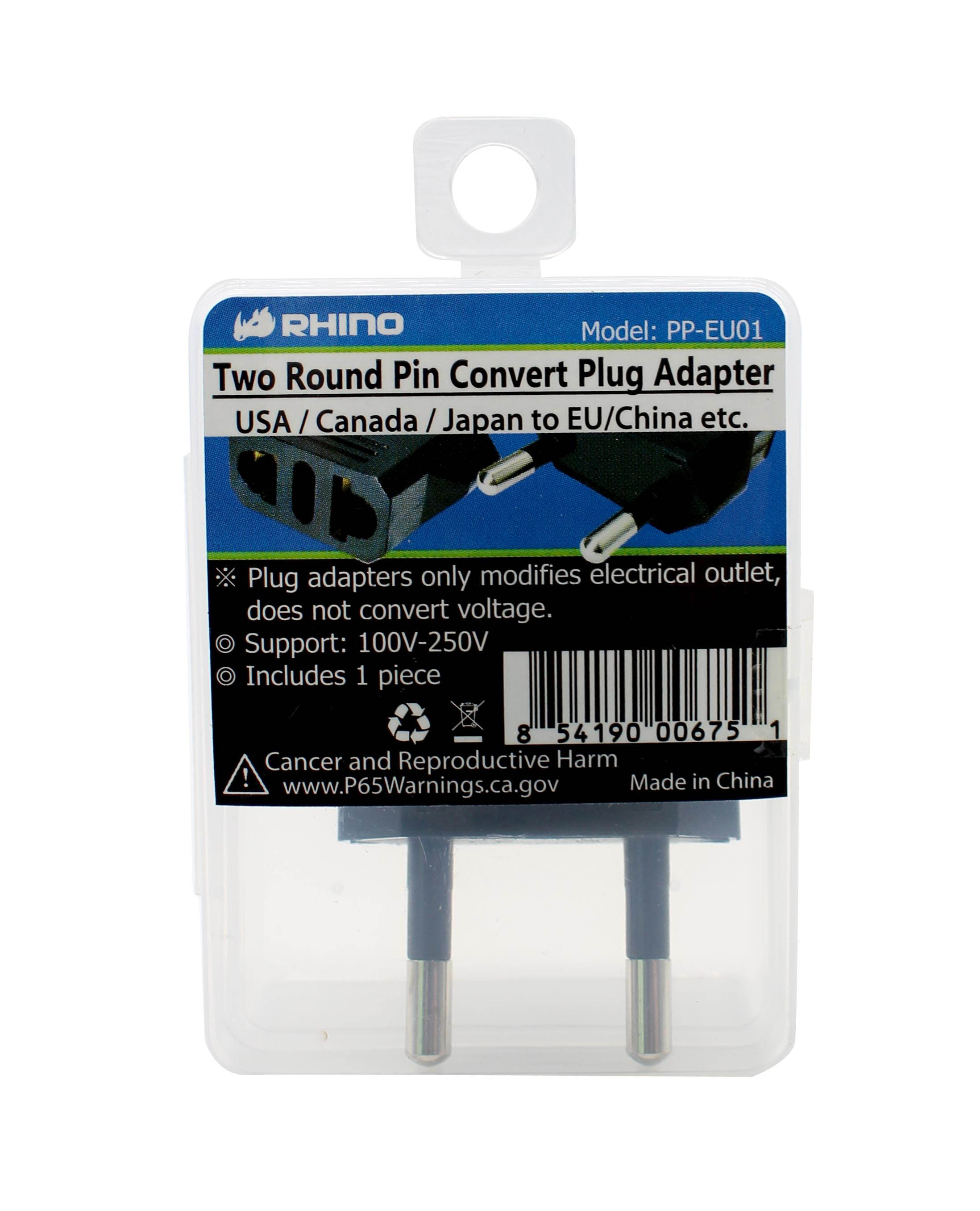 RHINO Power Plug Adapter USA to Europe Round Prong Travel Plug - Black