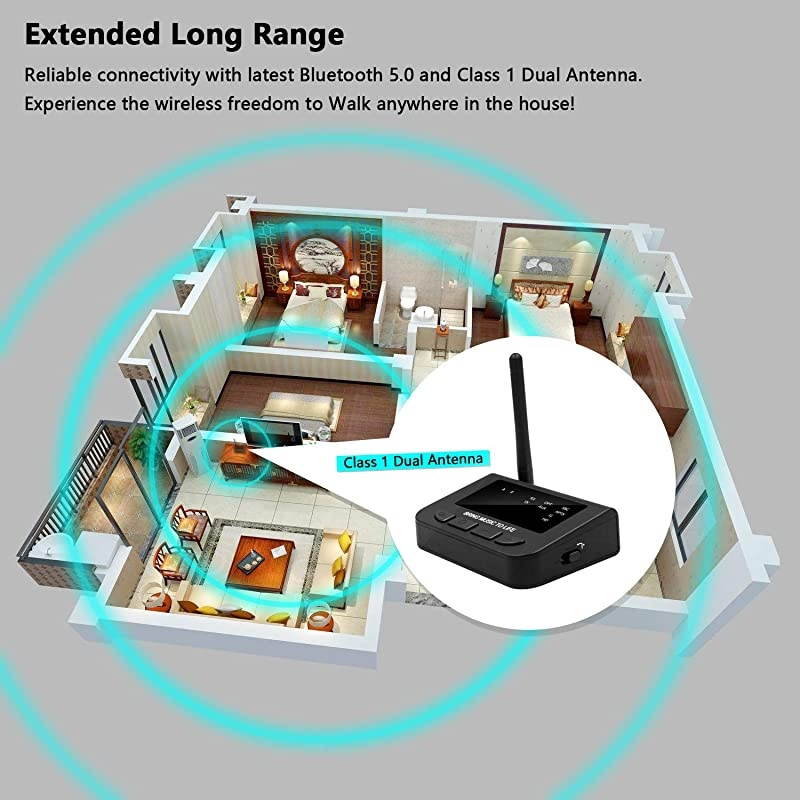 164FT Long Range Bluetooth Transmitter Receiver with Audio PassThru for TV Stereo 40ms Low Latency 3in1 Wireless AUX Adapter with Digital Optical 35mm RCA Always On Plug Play