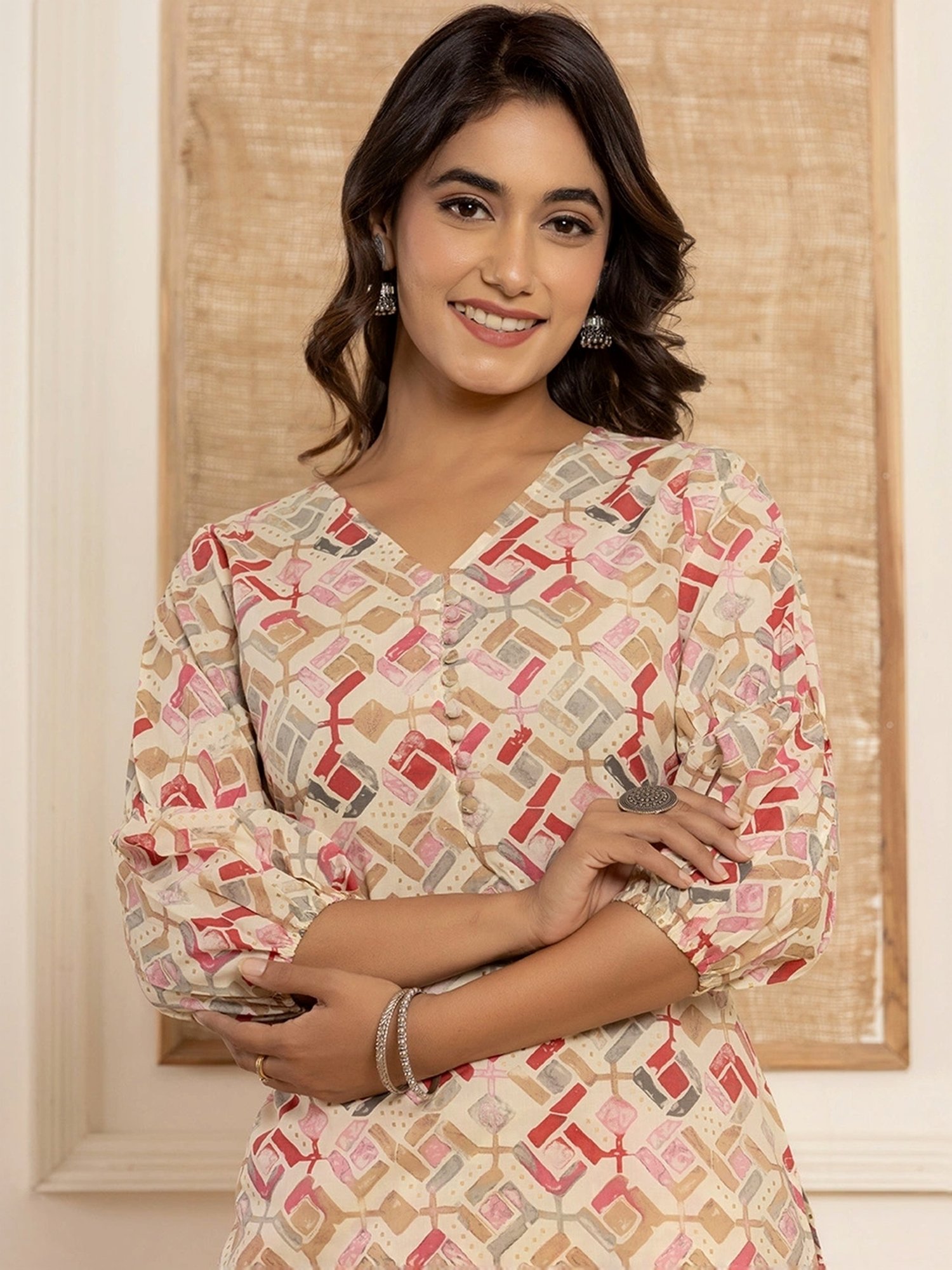 Yufta Cream Cotton Printed Tunic Pants Sets