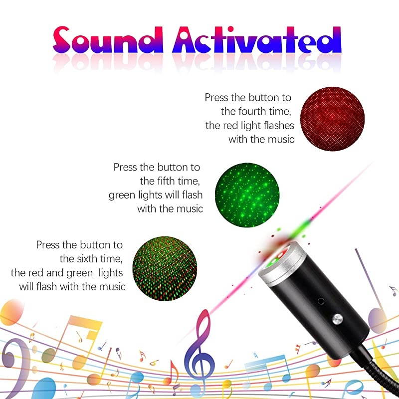 Star Light3 Colors Sound Activated Strobe Light with PortAtmosphere Decorations for Car InteriorCeiling Bedroom Party and More 2 PCS