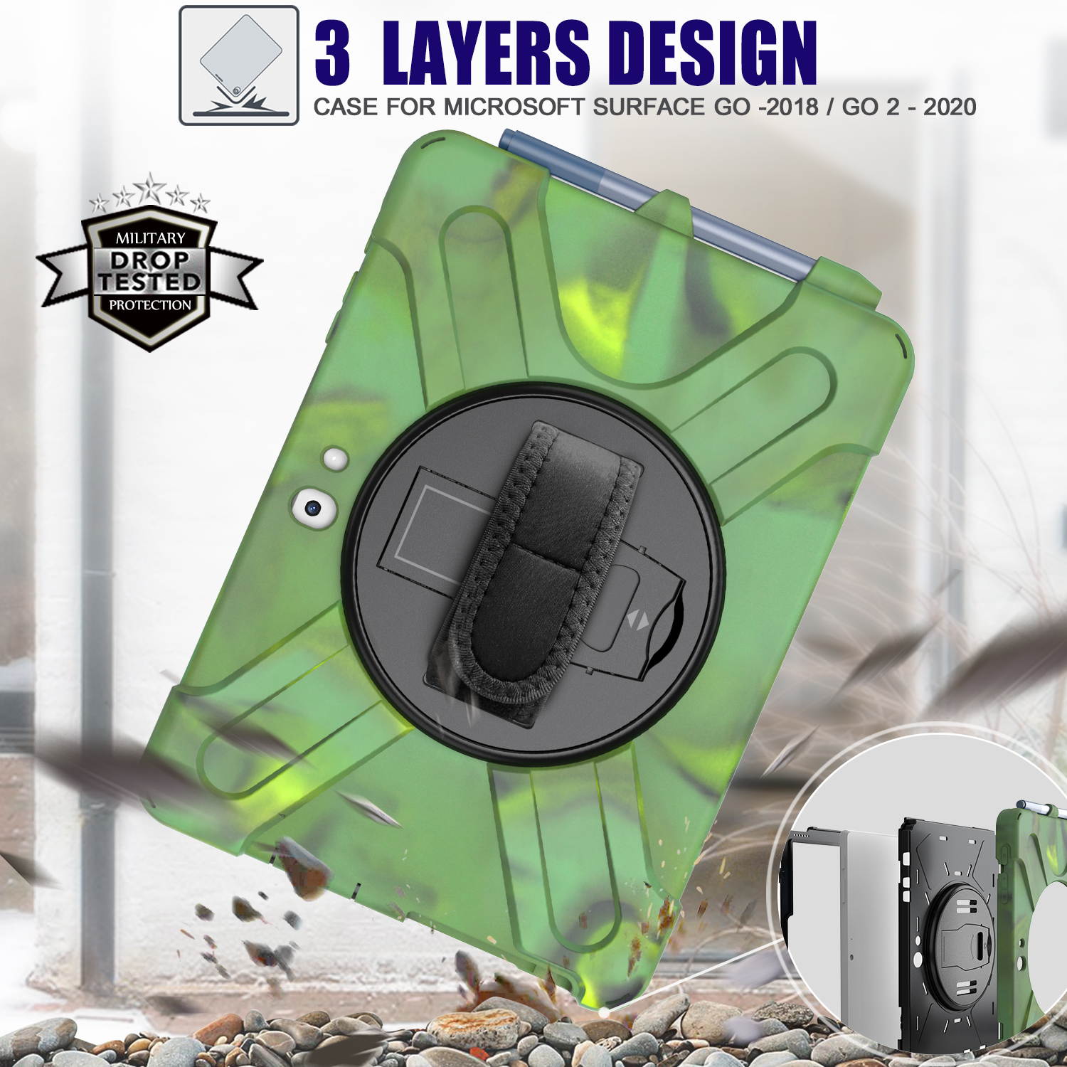 Case for Microsoft Surface Go 2 10.5 inch 2020 / Surface Go 10 inch 2018 with with Pen Holder, Hand Strap & Shoulder Strap Shockproof Protective Stand Cover