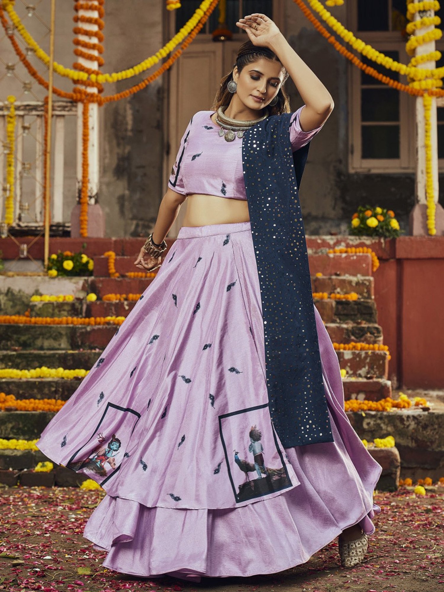 SHUBHKALA Lilac Silk Printed Lehenga and Choli Set With Dupatta