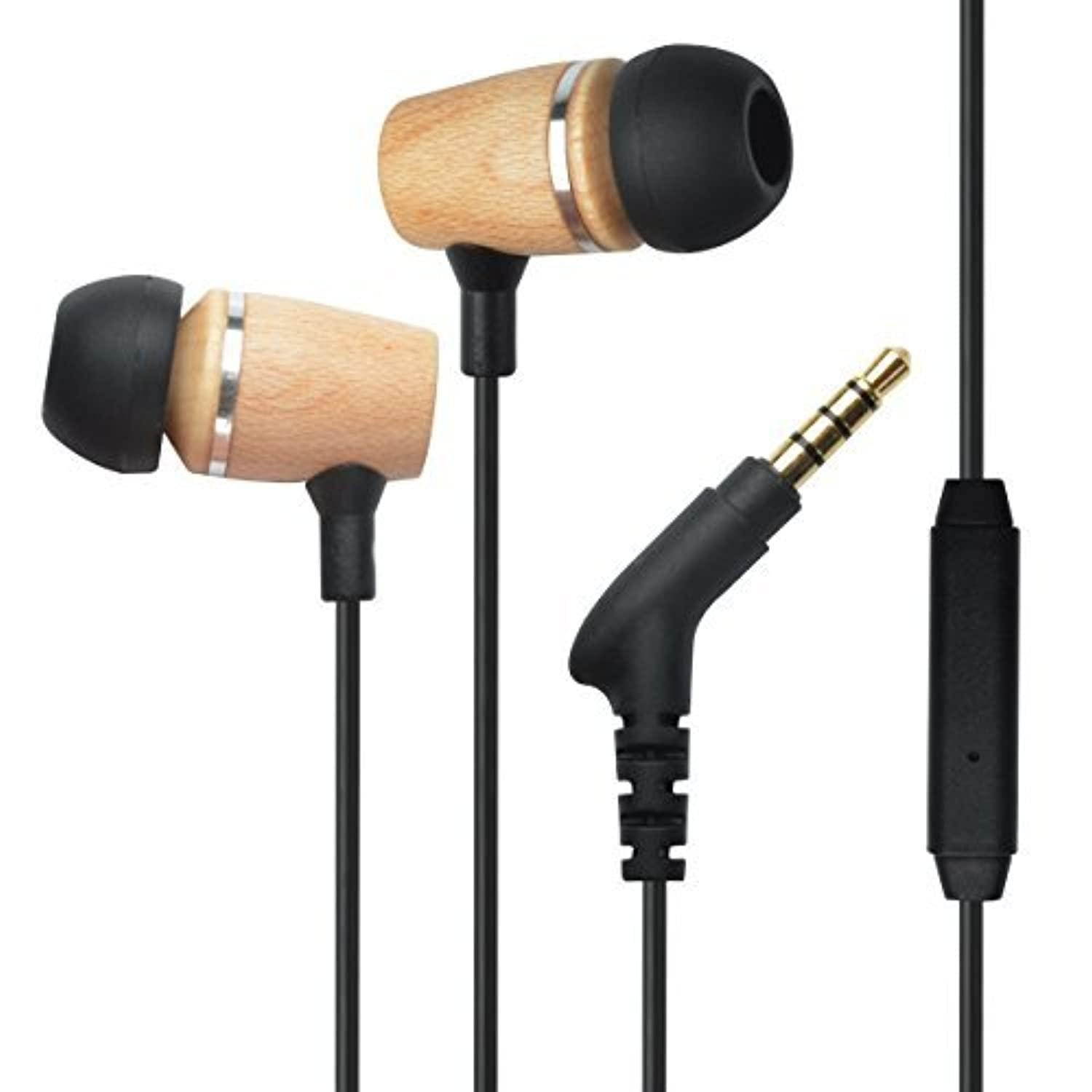 francois et mimi elite genuine 3.5mm wood in-ear noise-isolating earbuds headphones with mic, retail packaging