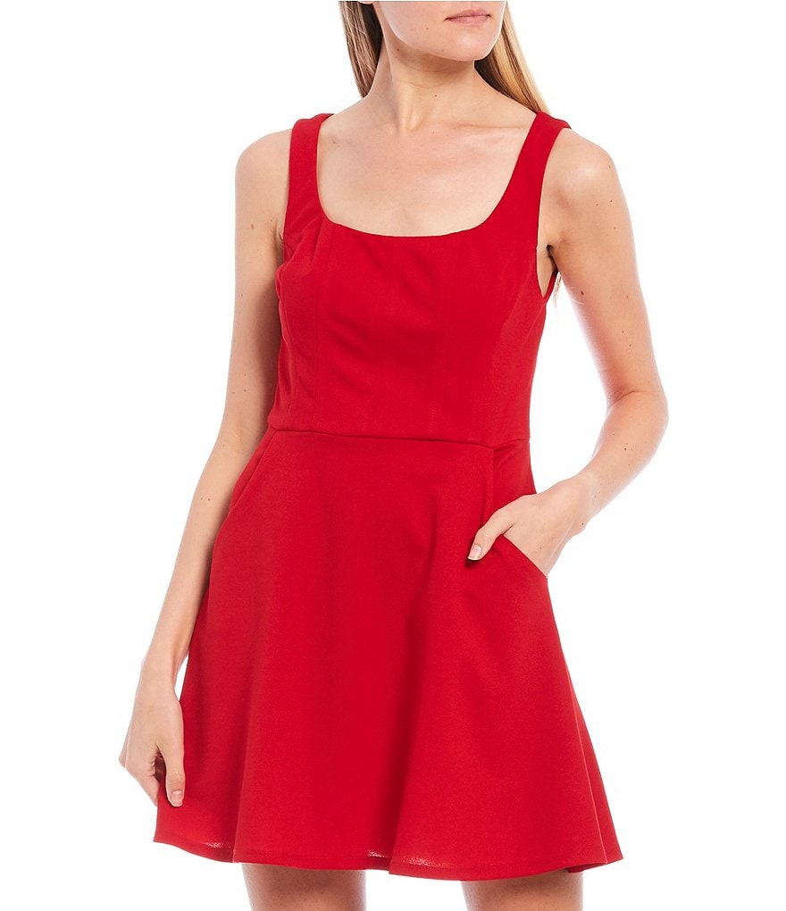 Teeze Me Square Neck Pocket Skater Dress