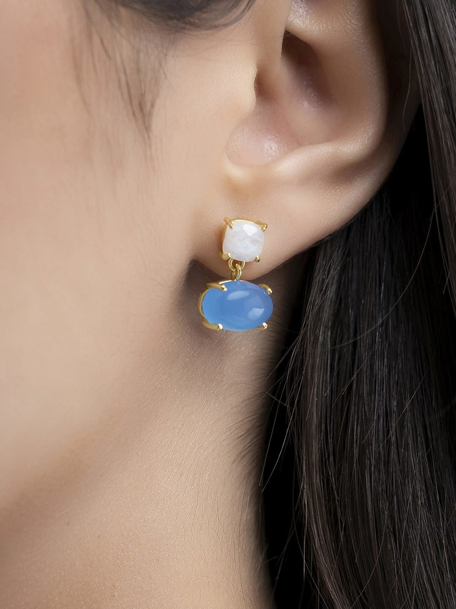 March by FableStreet 18k Gold-Plated 925 Silver Moonstone and Aqua Chalcedony Drop Earrings