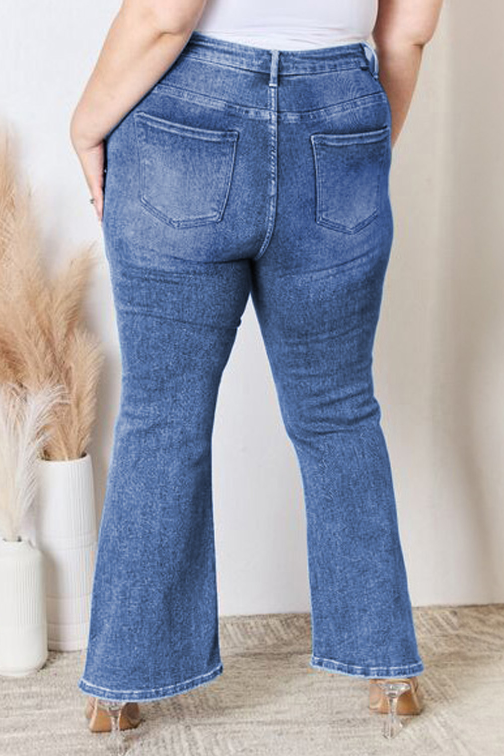 Dark Blue Plus Size Stitching Washed Flare Jeans