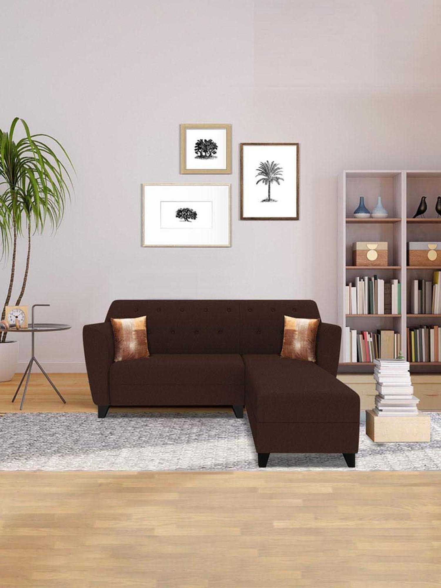 Trevi Mahogany Brown Fabric & Neem Wood 5 Seater RHS Sectional Sofa